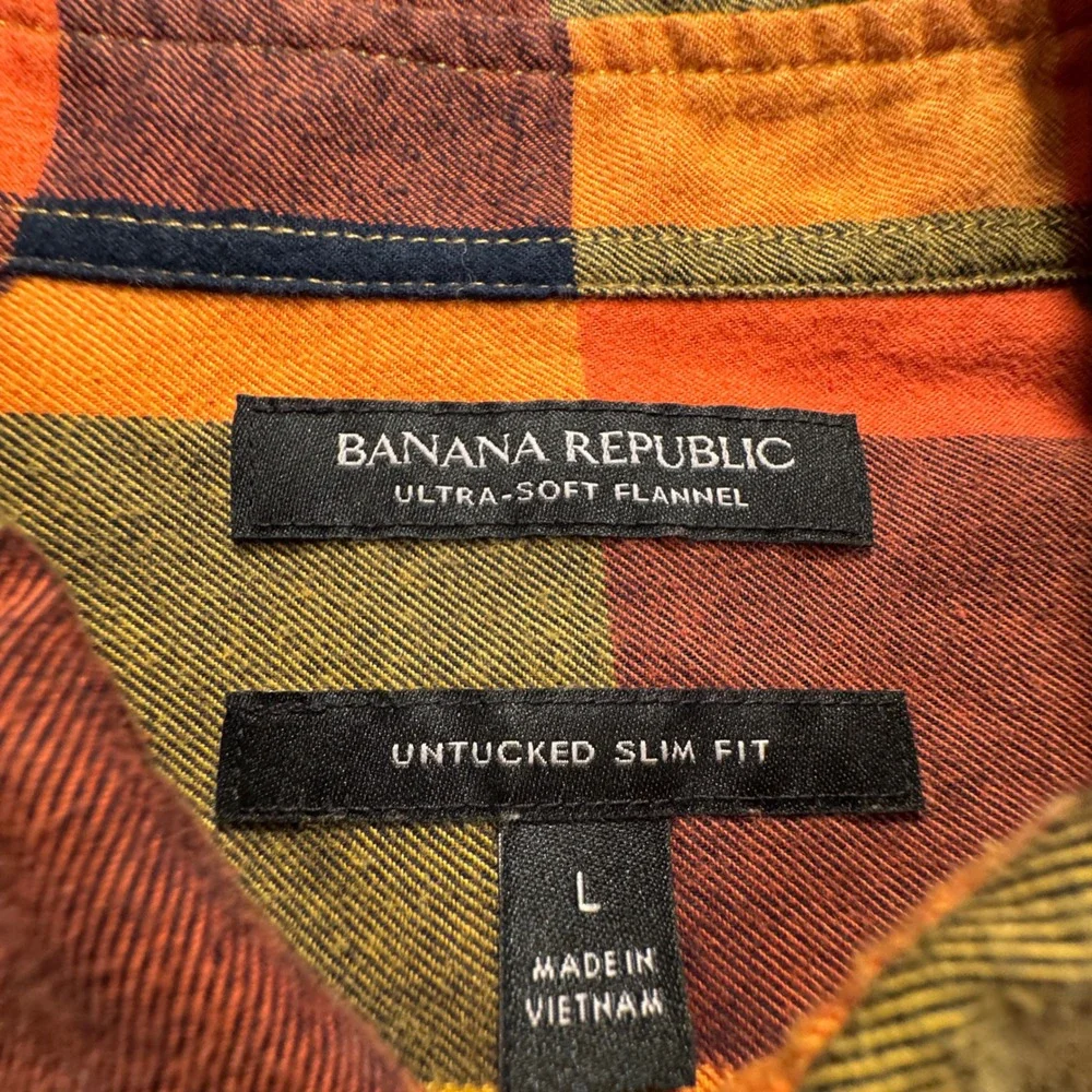 Banana Republic Shirt Men L Orange Plaid Cotton Ultra Soft Flannel Untucked Slim